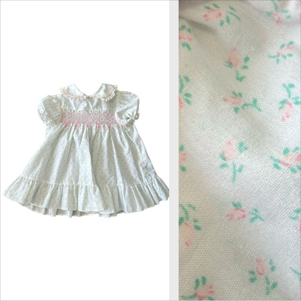 Vintage Polly Flinders Pink Green Formal Shortsleeve Floral Embroidered Dress